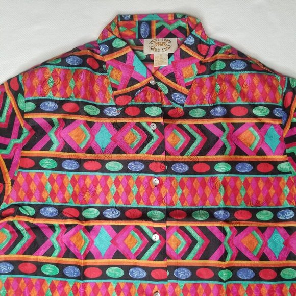 Vtg 90s Metro Express 100% Silk Blouse Tropical Artsy Abstract Retro Shirt Med - Picture 2 of 8
